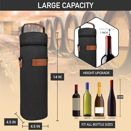 opux Wine Bag Single Bottle Carrier Tote, Insulated Wine Cooler Bag for Travel Picnic Beach with Shoulder Strap, Thermal One Bottle Holder Carrying Case Wine Gift for Women Men, Black - color: Black