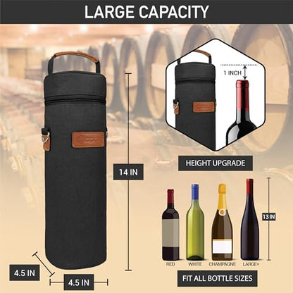 opux Wine Bag Single Bottle Carrier Tote, Insulated Wine Cooler Bag for Travel Picnic Beach with Shoulder Strap, Thermal One Bottle Holder Carrying Case Wine Gift for Women Men, Black - color: Black