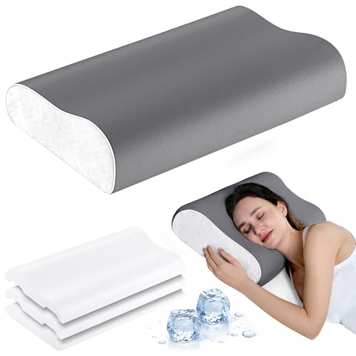 Elviros Cooling Memory Foam Pillow with Breathable Cover, Adjustable Height Bed Pillow for Neck Support, Ergonomic Cervica Neck Pillow for Side Stomach and Back Sleeper, Queen Size, 23.6"×14"×5.3" - color: Grey