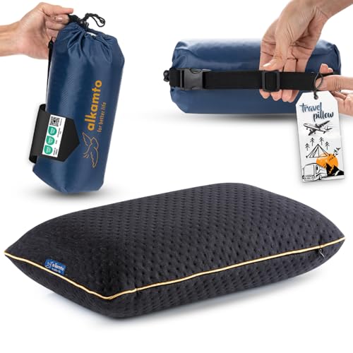 alkamto Travel & Camping Comfortable Memory Foam Pillow – Easy to Carry Portable Bag – Temperature Regulating Pillow Case (Black) - size: Black Travel