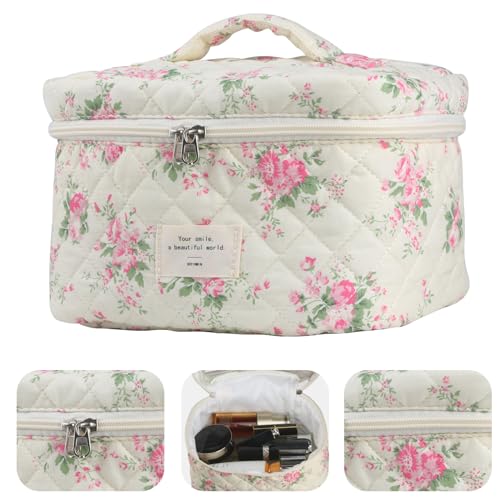 NATINSA Cute Makeup Bag for Women(2 Pcs), Travel Cosmetic Bags, Quilted Coquette Aesthetic Floral Toiletry Organizer Bag (21 - Pink Flower) - color: 21 - Pink Flower