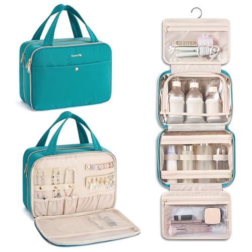 Hanke Hanging Travel Toiletry Bag for Women with Jewelry Organizer Compartment, Travel Essentials Toiletries and Makeup Bag, Water-Resistant & Stain-Resistant with Trolley Strap (Turquoise Green) - color: Turquoise Green
