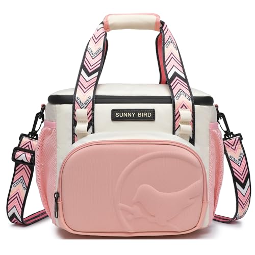 SUNNY BIRD 12L Large Insulated Lunch Bag, Leakproof and Foldable Lunch Cooler Box for Women Adult and Men, Fits 18 Cans (White and pink) - color: White and pink