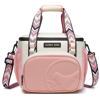 SUNNY BIRD 12L Large Insulated Lunch Bag, Leakproof and Foldable Lunch Cooler Box for Women Adult and Men, Fits 18 Cans (White and pink) - color: White and pink