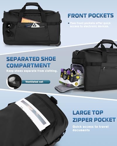 Smasrob 33L Rolling Duffle Bag with Wheels, Shoe Compartment and Wet Pocket, 21” Carry On Bag with Crossbody Strap, Black