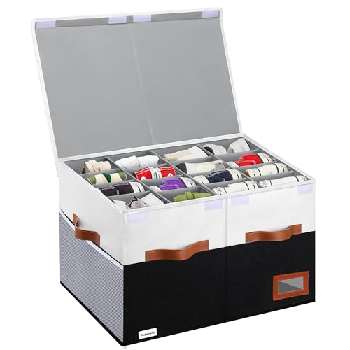 Supowin Shoe Organizer for Closet, Foldable Shoe Storage Bins with Lid & Adjustable Dividers, Fabric Shoe Box Storage Containers with Four Reinforced Handles, Fits 16 Pairs, 1 Pack, Black & White - color: Black & White, size: 21"L x 17"W x 13"H