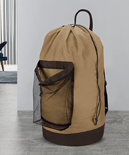 Dalykate Backpack Laundry Bag, Laundry Backpack with Shoulder Straps and Mesh Pocket Durable Nylon Clothes Hamper Bag with Drawstring Closure for College, Travel, Laundromat, Apartment - color: Golden Brown
