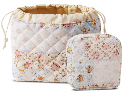 HAPPYHEIDI Floral Cotton Quilted Makeup Bag Set 2 Cosmetic Toiletry Travel Pouch w Pocket Purse Organizer 2-Size - color: KJM-Quilted Cotton Pouch with Compartment Set of 2-Vintage Grid Florals