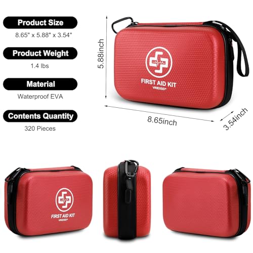 VRIEXSD Premium First Aid Kit, 320 Piece Waterproof Hard Shell Eva First Aid Kit for Home, Camping, Cars, Hiking, Travel, Businesses & Outdoor Emergencies - Emergency Medical Kits (Red) - color: Red