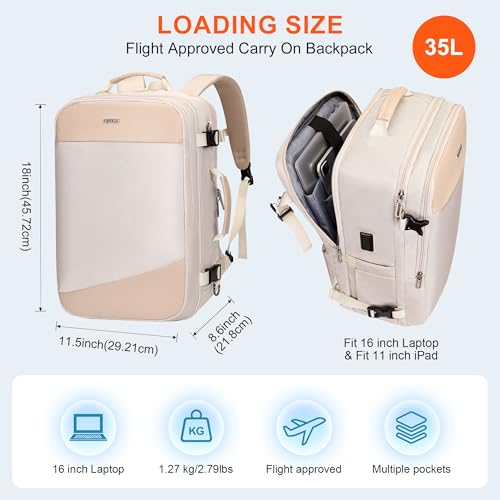 PIJUSHI Travel Backpack for Women Carry on Suitcase Backpack Flight Approved Personal Item Bag Fits 16 Inch Laptop(PE035 Beige) - color: Beige