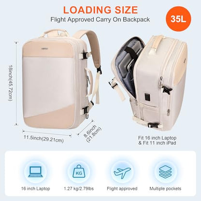 PIJUSHI Travel Backpack for Women Carry on Suitcase Backpack Flight Approved Personal Item Bag Fits 16 Inch Laptop(PE035 Beige) - color: Beige