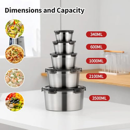 316L Stainless Steel Food Storage Containers with Lids, 11.5oz/20oz 34oz/71oz Airtight Metal Meal Prep Containers,Bento Lunch Box for Kitchen, Picnic & Camping（340 ml/600 ml/1000 ml/2100 ml）