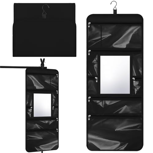 Hanging Toiletry Bag with Mirror for Women Hanging Mirror for Dance Bags Travel Large Foldable Dance Bag Organizer Storage Waterproof Cosmetic Case Accessories for Bathroom(Black) - color: Black