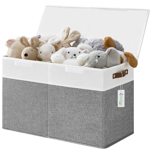 Bagnizer Large Toy Storage Box with Lids, Collapsible Sturdy Baby Storage Organizer Chest Bin Basket for Kids, Boys, Girls, Playroom, Nursery, Bedroom, Closet 25"x13"x16" (Gray and White) - color: Gray and White