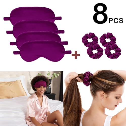 Satin Eye Mask 8Pcs Silk Sleep Masks Silky Blindfold Eyeshade Blackout Eyes Cover Scrunchies Hair Ties Travel Wedding Gifts - color: Plum