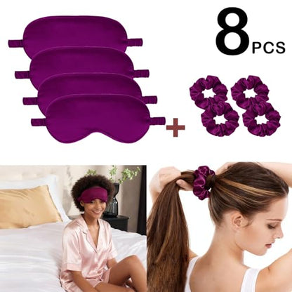 Satin Eye Mask 8Pcs Silk Sleep Masks Silky Blindfold Eyeshade Blackout Eyes Cover Scrunchies Hair Ties Travel Wedding Gifts - color: Plum