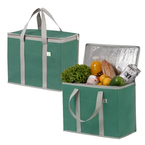 VENO 2 Pack Cooler Bag and Insulated Grocery Bags for Food Delivery, Collapsible Cooler, Reusable Shopping Bags for Groceries with Zipper, Foldable, Heavy-Duty, Stands Upright (Green, 2 Pack) - color: Dark Green, size: 2 Pack