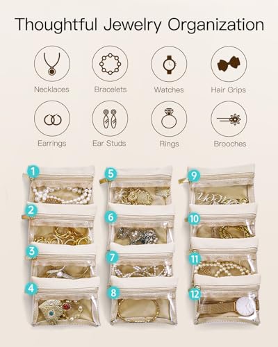 VLANDO Gifts for Teachers,Jewelry Case with 12 Velvet Jewelry Bags Travel Jewelry Organzier for Travelers Necklace Rings Earrings Jewelry Bags Birthday Wedding Gifts (Green) - color: 12PCS-Green