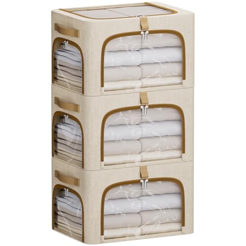 CYhom Clothes Storage Bins with Metal Frame,3 See-Through Windows Openings Clothing Storage Bin,3 Pack Foldable Storage Bins Boxes for Closet (Beige, 34L-16.5 x 12.6 x 9.8IN) - color: Beige, size: 16.5 x 12.6 x 9.8 in