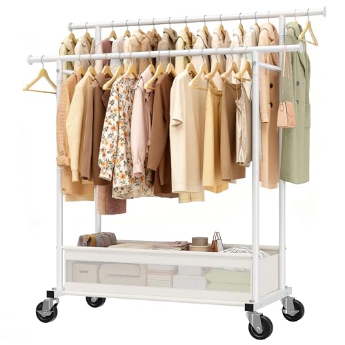 Clothes Rack Clothing Racks for Hanging Clothes, Rolling Clothes Rack Portable Clothing Rack, Double rod clothing rack with Storage Basket, Garment rack for Bedroom, Laundry Room, White - color: White