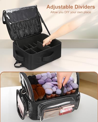 Relavel Makeup Bag Travel Train Case Makeup Backpack with 4 Clear Bags & Makeup Brush Case, Professional Makeup Artist Kit Set Bags, Cosmetics Storage Organizer Box with Adjustable Dividers, Black - color: Black with clear brush case