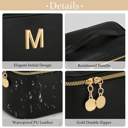 Personalized Initial Makeup Bag Gifts for Women, Large Travel Cosmetic Organizer with Handle & Divider, PU Leather Toiletry Bag for Girls, Birthday Bridesmaid Gift Set - Black - M - color: Black, style: M