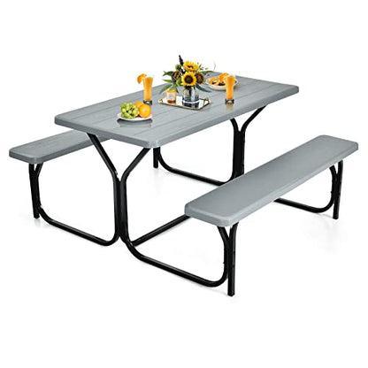 S AFSTAR Picnic Table Bench Set, 59” Expanded Rectangular Picnic Table, Outdoor Table and Bench with Steel Frame & Wood-Like Texture Tabletop, Camping Table Chair Set for Garden Lawn Deck (Gray) - color: Grey