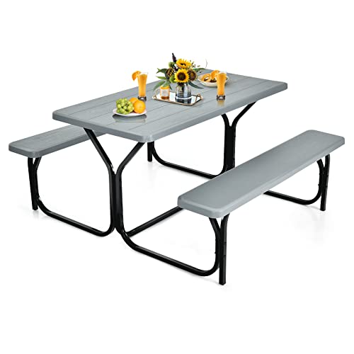 S AFSTAR Picnic Table Bench Set, 59” Expanded Rectangular Picnic Table, Outdoor Table and Bench with Steel Frame & Wood-Like Texture Tabletop, Camping Table Chair Set for Garden Lawn Deck (Gray) - color: Grey