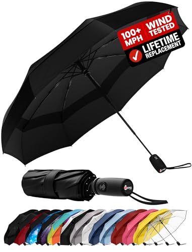 Repel Windproof Travel Umbrella - Compact & Withstands Winds up to 100MPH , Strongest Premium Auto Folding Umbrella for Rain and Sun - Durable, Light & Portable for Women & Men , Fits Backpack & Cars - color: Black - Travel Umbrella (1 Pack)