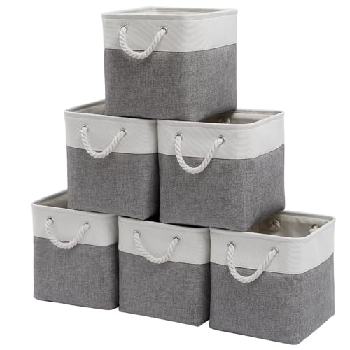 Fabric Storage Cubes 13 x 13, Collapsible Storage Bins for Shelf Baskets, Cube Storage Organizer White Gray Bins with Cotton Handles, Foldable Storage Bin box, Cube Storage Bin 6 Pack - color: white gray