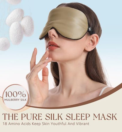 HiRui Silk Sleep Mask, 100% Natural Mulberry Silk of Double-Sided & Inner-Filling, Ultra-Smooth Soft, Adjustable Strap, Blocks Light for Night Sleeping, Travel, Office Naps (Khaki) - color: Khaki