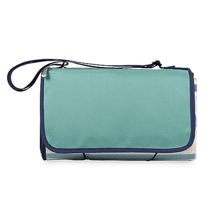 PICNIC TIME Outdoor Picnic Blanket Tote, 59"x51" Foldable Beach & Camping Blanket with Soft Fleece, Water-Resistant Bottom, Adjustable Strap & Zippered Pocket (St. Tropez - Sky Blue, Multi Stripe) - color: St. Tropez