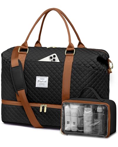 Travel Duffle for Women Weekender Bags - Large Duffel Overnight Bag with Shoe Compartment Carry on Tote Toiletry Weekend Yoga Gym Bags with Wet Pocket Hospital for Labor and Delivery Black Brown - color: 2-Black-Brown, size: X-Large