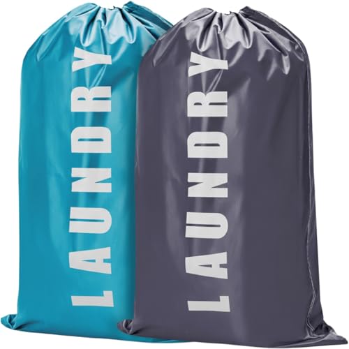 2 Pack Large Travel Laundry Bags, Blue + Grey - 24"x36" Heavy Duty Mesh Machine Washable Organizer with Drawstring for College - Holds 4 Loads - color: Blue + Grey