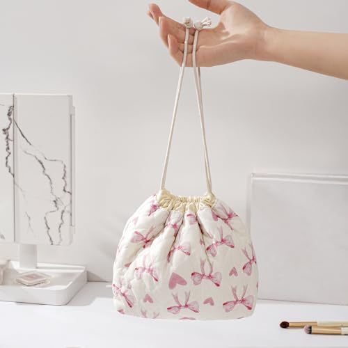uekeboag Cotton Quilted Drawstring Makeup Bag with Canvas Lining,Coquette Aesthetic Cute Travel Toiletry Bag,Drawstring Gift Bag for Women and Girls（14Heart Bow） - color: 14Heart Bow