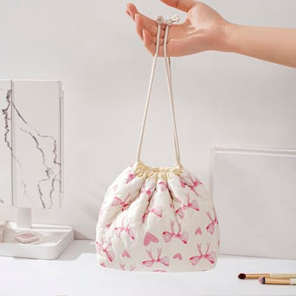 uekeboag Cotton Quilted Drawstring Makeup Bag with Canvas Lining,Coquette Aesthetic Cute Travel Toiletry Bag,Drawstring Gift Bag for Women and Girls（14Heart Bow） - color: 14Heart Bow