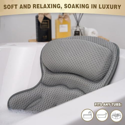 Bath Pillow Luxury Bathtub Pillow, Extra Soft & Comfortable Bath Pillow for Tub Head Neck and Back Support, with 4D Air Mesh Cushions & Non-Slip Suction Cups - Great Bath Gifts (Gray) - color: Gray