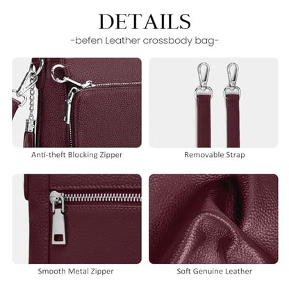 befen Anti Theft Genuine Leather Crossbody Bags for Women Handbags and Shoulder Basg with Built in Wallet RFID Leather Purse - color: Burgundy