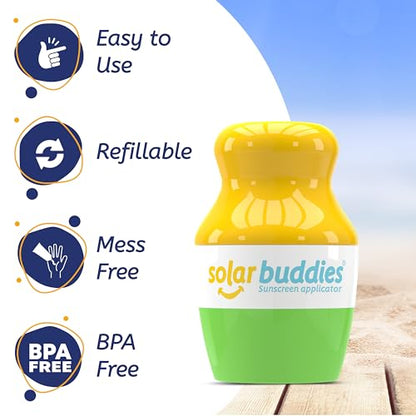 Solar Buddies Grab & Go Travel Bundle, Carabina Clip & Cleaning Brush - Single Full Green - Refillable Roll on Sponge Sunscreen, Suncream & Lotion Applicator For Kids, Adults & Families - Holds 100ml - color: Full Green Single