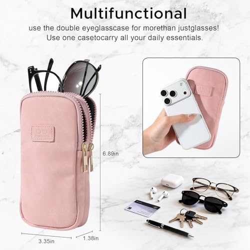 KINIVA Double Eyeglass Case for Men Women, 2-in-1 PU Dual Sunglasses Case, Scratch-Proof Travel Eyeglass Holder for Purse Car - style: Pink Matte