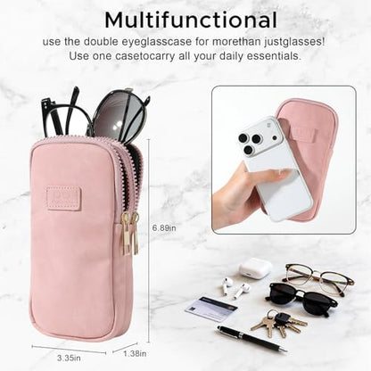 KINIVA Double Eyeglass Case for Men Women, 2-in-1 PU Dual Sunglasses Case, Scratch-Proof Travel Eyeglass Holder for Purse Car - style: Pink Matte