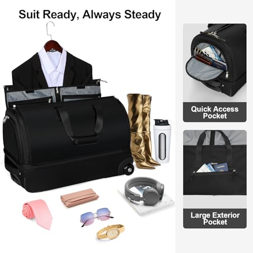 Modoker Convertible Rolling Garment Bag for Travel, Suit Travel Bag with Trolley, Garment Duffel Bag with Wheels & Shoes Compartment for Business Trip, Weekender - Black - color: 25in-Rich black