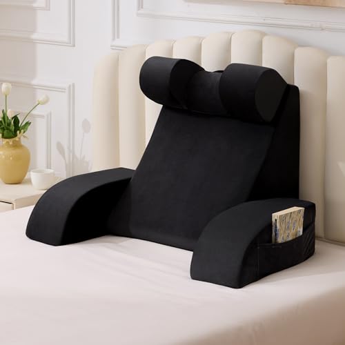 Reading Pillow for Sitting in Bed Adult, Back Pillow for Bed Sitting up, Backrest Pillow with Arms, Back Support Pillows for Gaming Lounging Watching TV, Large 21" Black - color: Black, size: Large (Above 5'10")
