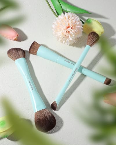 EIGSHOW Makeup Brush Set, 3Pcs Dual Ended Face Makeup Brushes for Foundation Powder Contour Highlight Concealer Nose Shadow, Travel Gift Set (Cyan) - color: Cyan