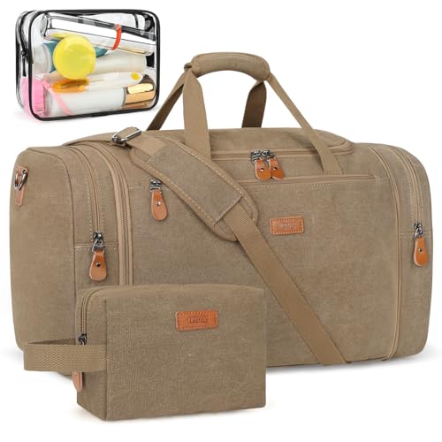 Canvas Mens Duffle Bag for Travel - Expandable 50L Weekender Bags with Toiletry Bag, Overnight Bag Travel Duffel Carry On Luggage with Removable Shoulder Strap, Durable & Water-Resistant - color: 5-Khaki