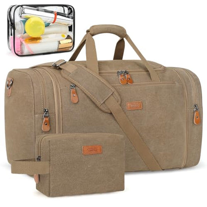 Canvas Mens Duffle Bag for Travel - Expandable 50L Weekender Bags with Toiletry Bag, Overnight Bag Travel Duffel Carry On Luggage with Removable Shoulder Strap, Durable & Water-Resistant - color: 5-Khaki