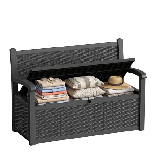 80 Gallon Storage Bench Deck Box Resin Patio Furniture with Armrest, Waterproof and UV Resistant Lockable for Patio Furniture, Garden Decor and Outdoor Seating for Cushions, Garden Tools,Black - color: Black, size: 80gallon