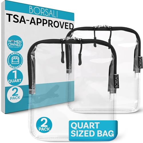 BORSALI TSA Approved Toiletry Bag - Clear Quart Size for 3-1-1 LIquids for Carry On Travel - Toiletries Organizer - Cosmetic Pouch with Zipper - Travel Accessories - 2 Pack | Quart Size for 3-1-1 Liquids, Carry On Travel, Cosmetic Pouch with Zipper, Toile