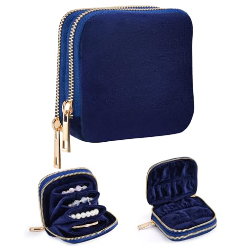 Travel Jewelry Case for Women, Double Layer Velvet Jewelry Pouch with Double Zipper, Small Travel Jewelry Organizer for Rings Earrings Bracelets, Mini Jewelry Travel Bag (Blue)
