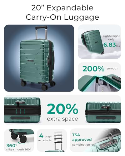 BAGSMART Carry On Luggage 22x14x9 Airline Approved with Spinner Wheels,Lightweight 20 Inch Luggage with TSA Lock,Expandable Hard Shell Carry On Suitcases for Men Women,Pine Green - color: Pine Green